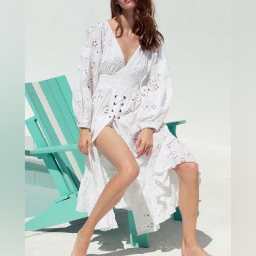 MISA Los Angeles Althea White Cover Up Dress eyelet puff sleeve lace up S